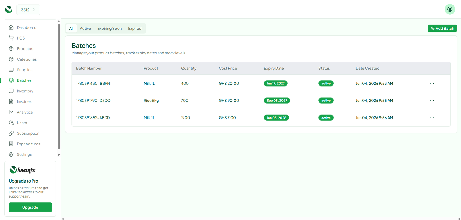 LuvantX Batches and Stock Transfers Screen
