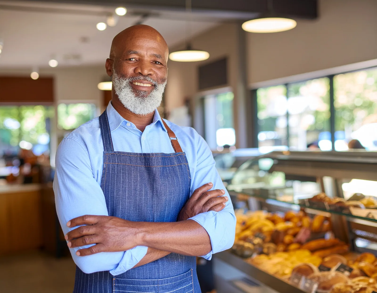 Bakery owner at pastry display