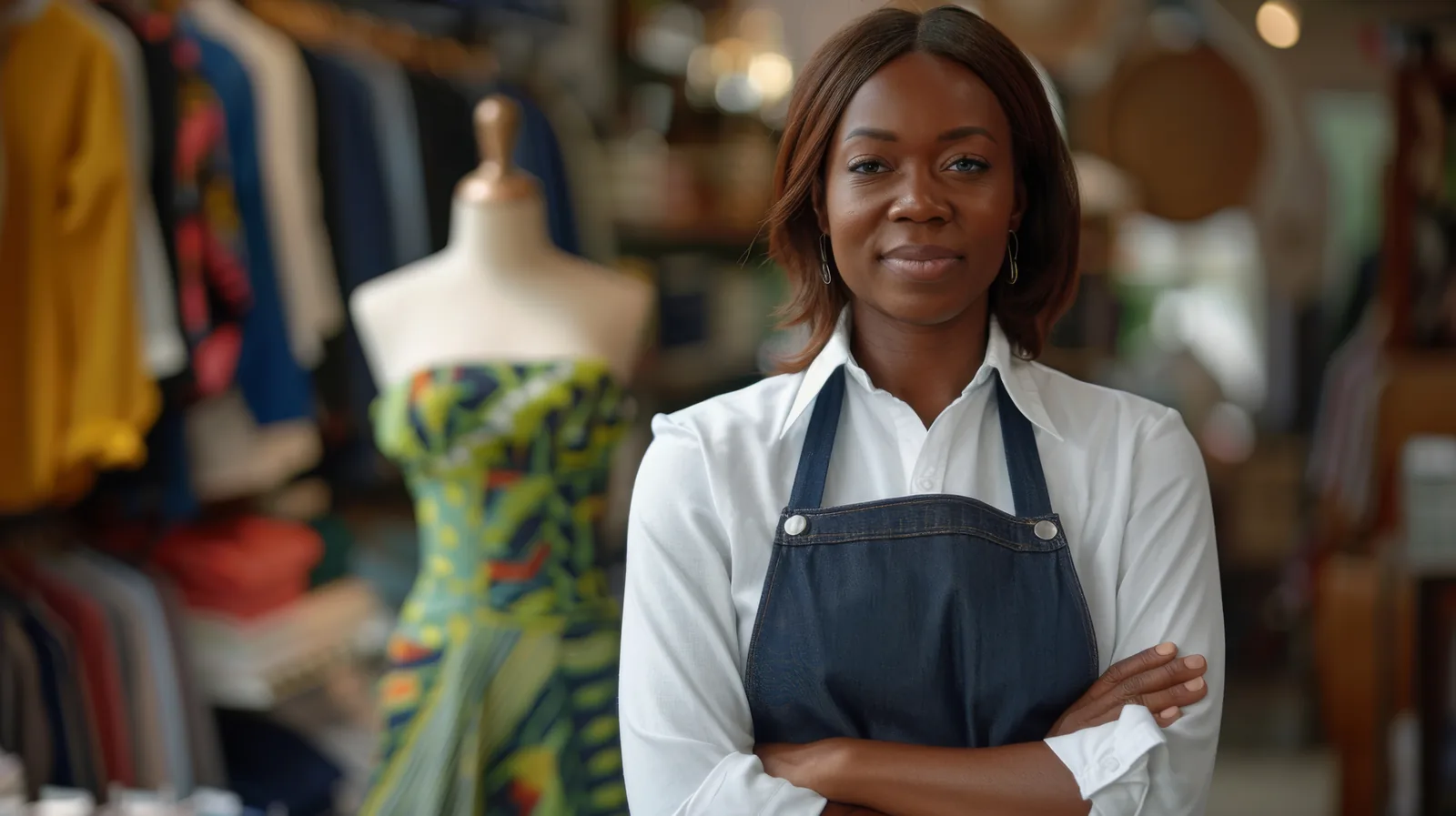 African boutique owner standing proudly in her store