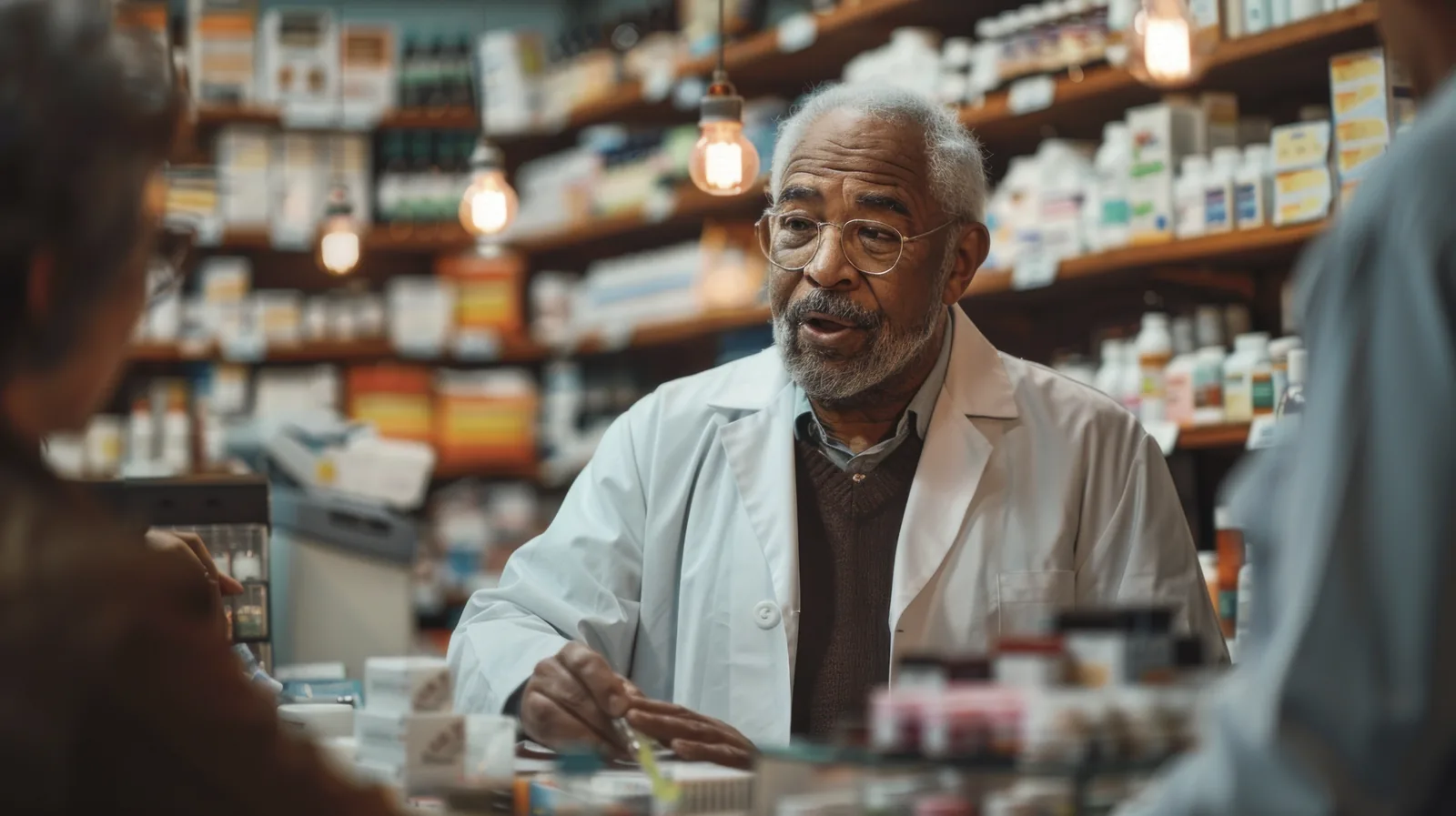 Pharmacist checking medicine boxes