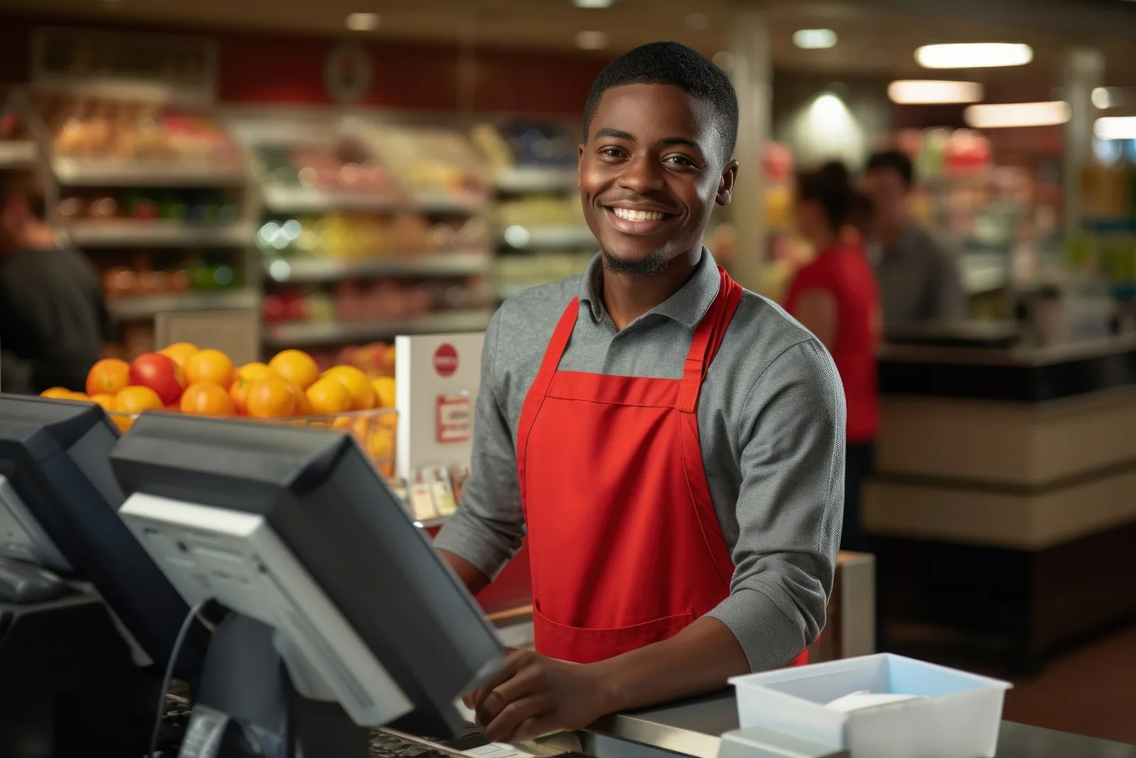 Smiling supermarket customer checkout with LuvantX POS